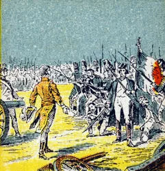 De Honderd Dagen: Nederlaag van Napoleon I Bonaparte bij Waterloo in 1815. Gravure in "Histoire de France". Serie reclamebeelden uitgegeven namens Louit, circa 1920.