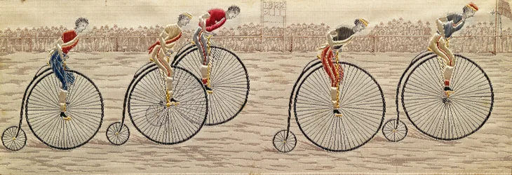 De laatste ronde, Penny Farthing Race geweven zijde Stevengraph, door Thomas Stevens uit Coventry