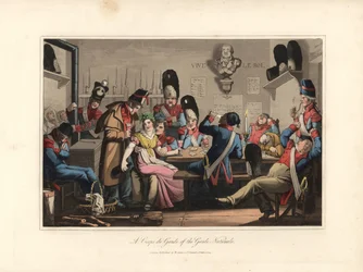 De Nationale Garde in de wachtlokalen, drinkend met de marketentster en de drankverkoper, kaartspelend en pijprokend, sommigen slapen - Ets naar een illustratie van Victor Auver, uit „Een tocht door Parijs”, uitgegeven door William Sams