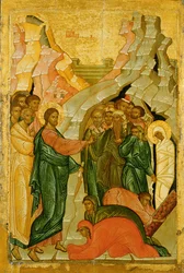 De opwekking van Lazarus, Russische icoon, Novgorod School