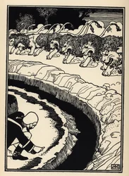 De baron verdedigt zich tegen de aanval van leeuwen door buskruit in brand te steken. Illustratie door William Strang (1859-1921) en JB Clark uit “The Adventures of the Baron of Munchausen (Munchhausen) door Rudolf Erich Raspe (1736-1794) (1789)