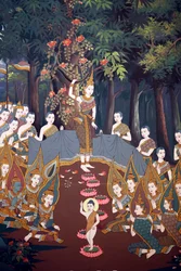 De geboorte van de baby Siddhartha, muurschildering, Wat Botum tempel, Phnom Penh, 2022
