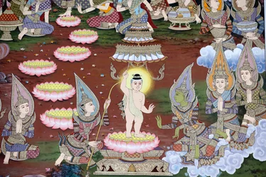 De Geboorte van de Baby Siddhartha, Muurfresco, Wat Maniratanaram klooster, Phnom Penh, 2022