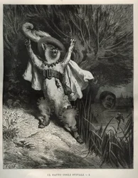 De laars kat roept om hulp. Gravure door Gustave Doré (1832-1883) uit 