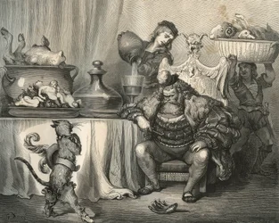 De laars kat ontmoet de reus. Gravure door Gustave Doré (1832-1883) uit 