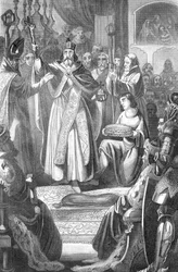 De kroning van Rudolf I van Habsburg (1218-1291) tot Rooms-koning op 24 oktober 1273 in de Dom van Aken, Duitsland (Rudolf I van Duitsland op 24 oktober 1273 gekroond in de Dom van Aken). Gravure uit „Bilder-Gallerie zur allgem” van Rotteck, 1843, Priva