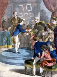 De prijsuitreiking op de openbare school, ca. 1885 (prent)