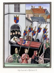 De begrafenisstoet van Koning Richard II van Engeland (1367-1400), vertrekkend van het kasteel van Pontefract naar de kathedraal van Saint Paul van Londen (Engeland)