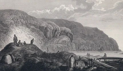 De inwoners van Oonalashka (of Unalaska, Alaska, Verenigde Staten) en hun huizen. Gravure eind 18e eeuw, naar John Webber