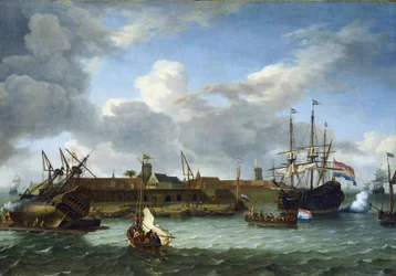Het eiland Onrust, voor de kust van Batavia (nu Jakarta, Indonesië), uitgerust met alle infrastructuren die nodig zijn voor commerciële activiteiten en onderhoud van de schepen van de Nederlandse Oost-Indische Compagnie