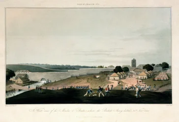 Het eiland Frankrijk (Mauritius), westelijk uitzicht op de molen in Pondre, waar het Britse leger op 30 november 1810 gestationeerd bleef. Kleurgravure