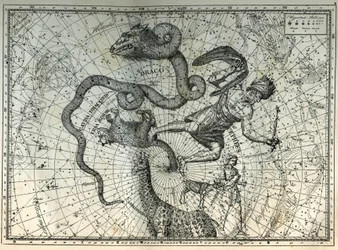 De nabije sterrenbeelden van de Noordpool: Kleine Beer, Draak, Cepheus, Giraffe, Rendier en Messier. Gravure uit Camille Flammarion