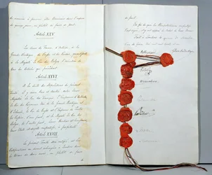 Verdrag dat België als een Soevereine Staat vestigt, ondertekend op 15 november 1831 op de Conferentie van Londen (pen en inkt & was op papier)