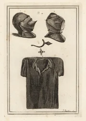 Twee uitzichten van een bijzonder helm in de Tower of London, een curieuze antieke prikkerspoor en een maliënkolder