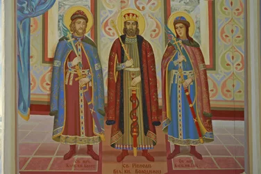 Oekraïne, Kiev, St. Michaëls Orthodox Klooster (orig 1108, herbouwd 2001), externe fresco