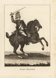 Uniform van lichte dragonders, met zwaard, musket en helm