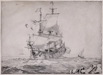 Schepen op zee die het kanon afvuren - tekening door Pierre Puget (1620-1694) 17e eeuw