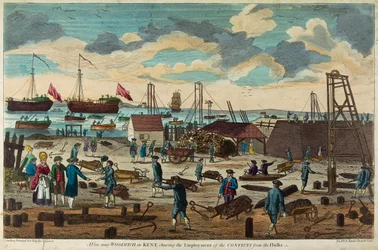 Uitzicht nabij Woolwich, Kent, Engeland, met de inzet van krachten om pontons te bouwen (ontwapende schepen gebruikt als drijvende gevangenissen)