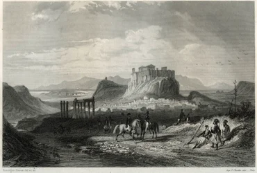Uitzicht op de stad Athene in de 19e eeuw, gedomineerd door de Akropolis, in het boek over de Middellandse Zee door Louis Enault, Franse journalist en reiziger