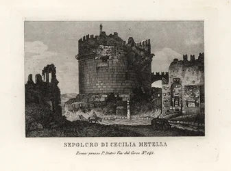 Zicht op de ruïne van het graf van Caecilia Metella, Rome