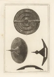 Zichten van een oude concave rondel met umbo of spike gemaakt van leer, ijzeren plaat en koperen spijkers