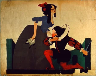 Vintage poster van man knielend aan de voeten van een vrouw, Shakespeare tekening (kleur litho)