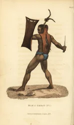 Krijger van Ombai met harnas, schild en kris. Hij draagt zijn haar opgestoken in een pluim. Man van Ombai-eiland (Ombay), Indonesië. Handgekleurde kopergravure naar een illustratie van Jacques Arago uit Frederic Shoberl