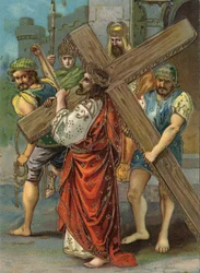 Kruisweg - via crucis - Kruiswegstaties: tweede statie, Jezus draagt zijn kruis. Chromolithografie Privécollectie