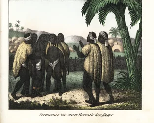 Huwelijksceremonie in een stam van Senegal. Lithografie voor het boek: “Galerie complete en tableaux fideles des peuples d