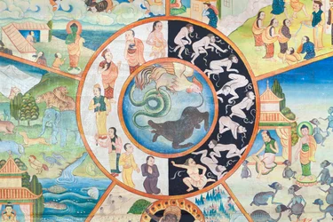 Wiel van het leven (detail), muurschildering in Wat Umong, Chiang Mai, Thailand