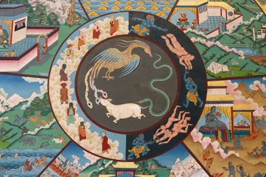 Levenswiel of wiel van Samsara (Mandala): haan, slang en varken, Kopan klooster, Kathmandu, Nepal