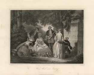 Wijn, vrouwen en zang, Triëst, ca. 1850 (gravure)