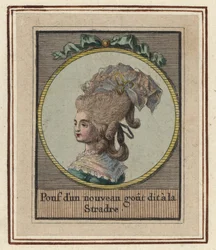 Vrouw in een nieuwe stijl van pouf genaamd de Stradre. Handgekleurde kopergravure uit een Album van Modieuze Kapsels van 1783, Suite des Coeffures a la Mode en 1783, Enauts et Rapilly, Parijs