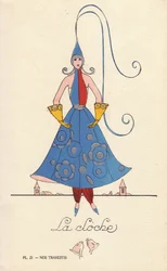 Vrouw in bel-fantasiemasker, la bel, met belvormige hoed, jurk en handschoenen, en klokkentorens op de achtergrond. Lithografie door onbekende kunstenaar met sjabloon handkleuring uit 