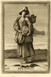 Vrouw die het oude wiel bespeelt (of "Lira tedesca" of "ghironda"). In "Gabinetto Armonico" door Filippo Bonanni, Rome