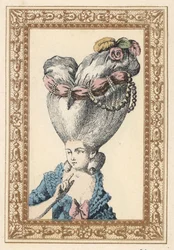Vrouw met haar haar opgestoken over een pouf (steun) en versierd met bloemen, parels en een sjerp, genaamd de Vlo. De Pouf heeft de Chia. Handgekleurde lithografie door de Laubadere uit Octave Uzane