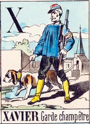 X Xavier garde champetre - "Alfabet van de boerderij" eind 19e eeuw (gravure)