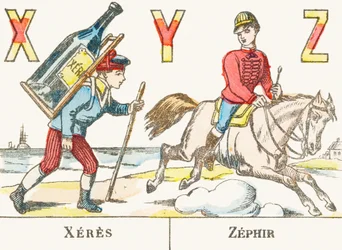 X Y Z : Xeres, Zephir - een jongen draagt een grote fles wijn en een ruiter galoppeert op zijn paard genaamd Zephyr - Spellenalfabet, circa 1890