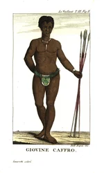 Jonge San man, met speren, Zuid-Afrika. Uit Francois Le Vaillant (Levaillant