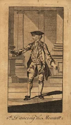 Jonge heer die de menuet danst in een balzaal met zuilen