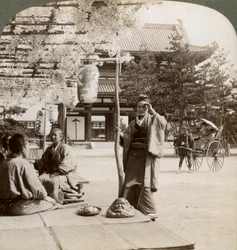 Hangende trossen van blauwe regen over een theehuis veranda, Kyoto, Japan, 1904