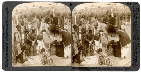 Experts die zijdecocons kopen, voor export naar Frankrijk, Antiochië, Syrië, 1900s