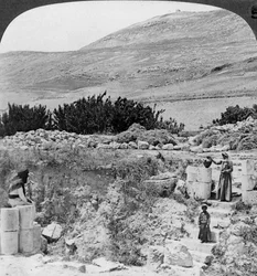 Trappen naar Jacobs bron, kijkend naar het noordwesten, Palestina Israël, 1905
