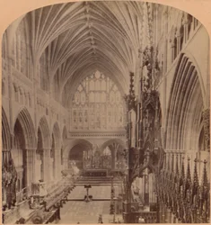 Het koor vanaf het westelijke uiteinde, kathedraal, Exeter, Engeland