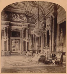 De prachtige blauwe kamer van de koningin, Buckingham Palace, Londen, Engeland, 1900
