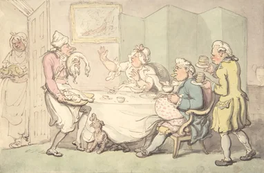 Een paar aan tafel met bedienden, 18e-19e eeuw