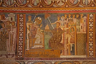 Keizer Constantijn presenteert zijn keizerlijke tiara aan paus Sylvester, geeft hem de heerschappij over Rome, westelijke muur van de kapel van San Silvestro, 1246
