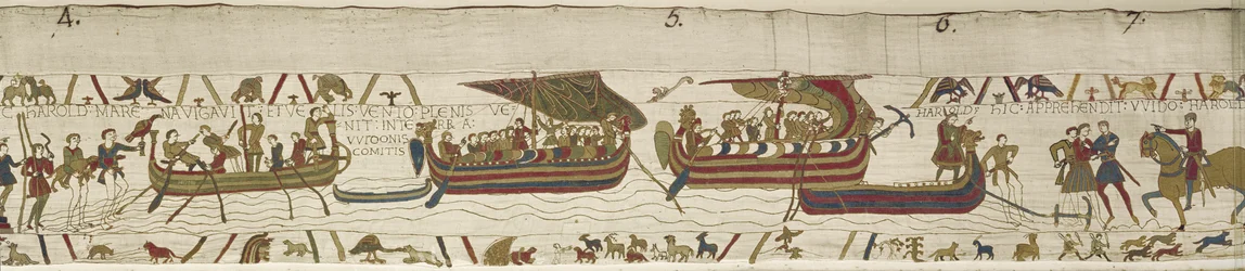 Harold steekt het Kanaal over naar het gebied van Guy, graaf van Ponthieu, waar hij wordt gevangengenomen, Bayeux Tapestry