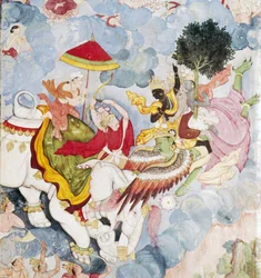 Krishna, op Vogel-God, Garuda vecht tegen Indra op olifant, Harivamsa manuscript, ca. 1590