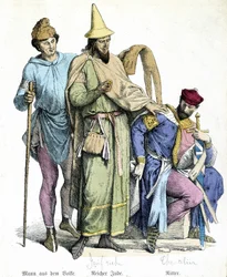 11e-eeuwse kostuums: rijke Jood en ridder - gravure
